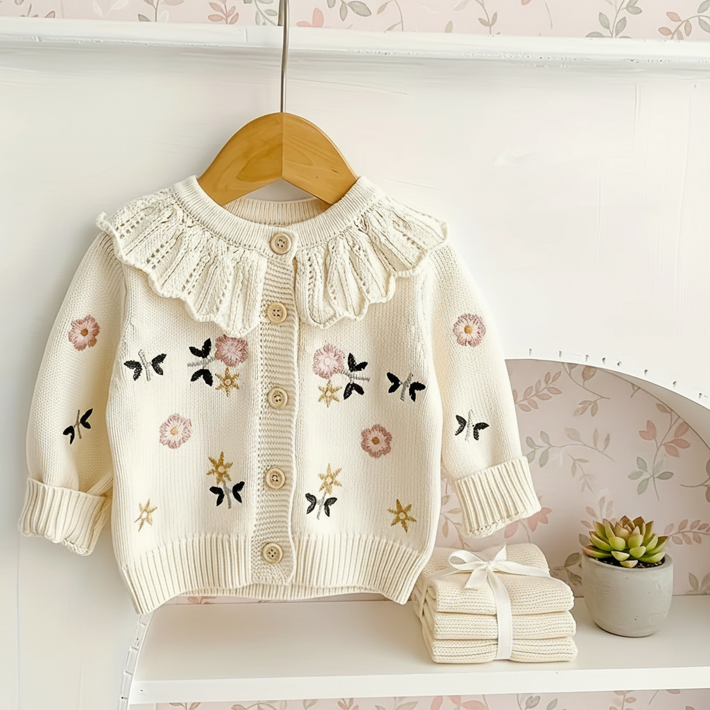 Cream floral knit cardigan on a hanger with a ruffled collar and front buttons