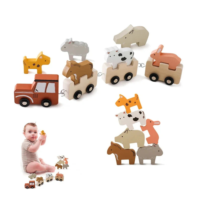 Wooden animal train set with a red engine, three cars, and six removable animal figures.