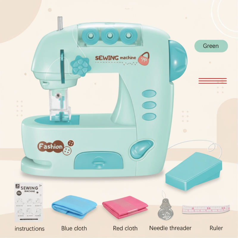 Medium green toy sewing machine with wired controller and sewing accessories