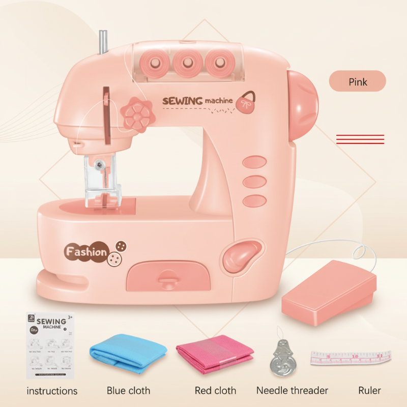 Medium pink toy sewing machine with wired controller and sewing accessories