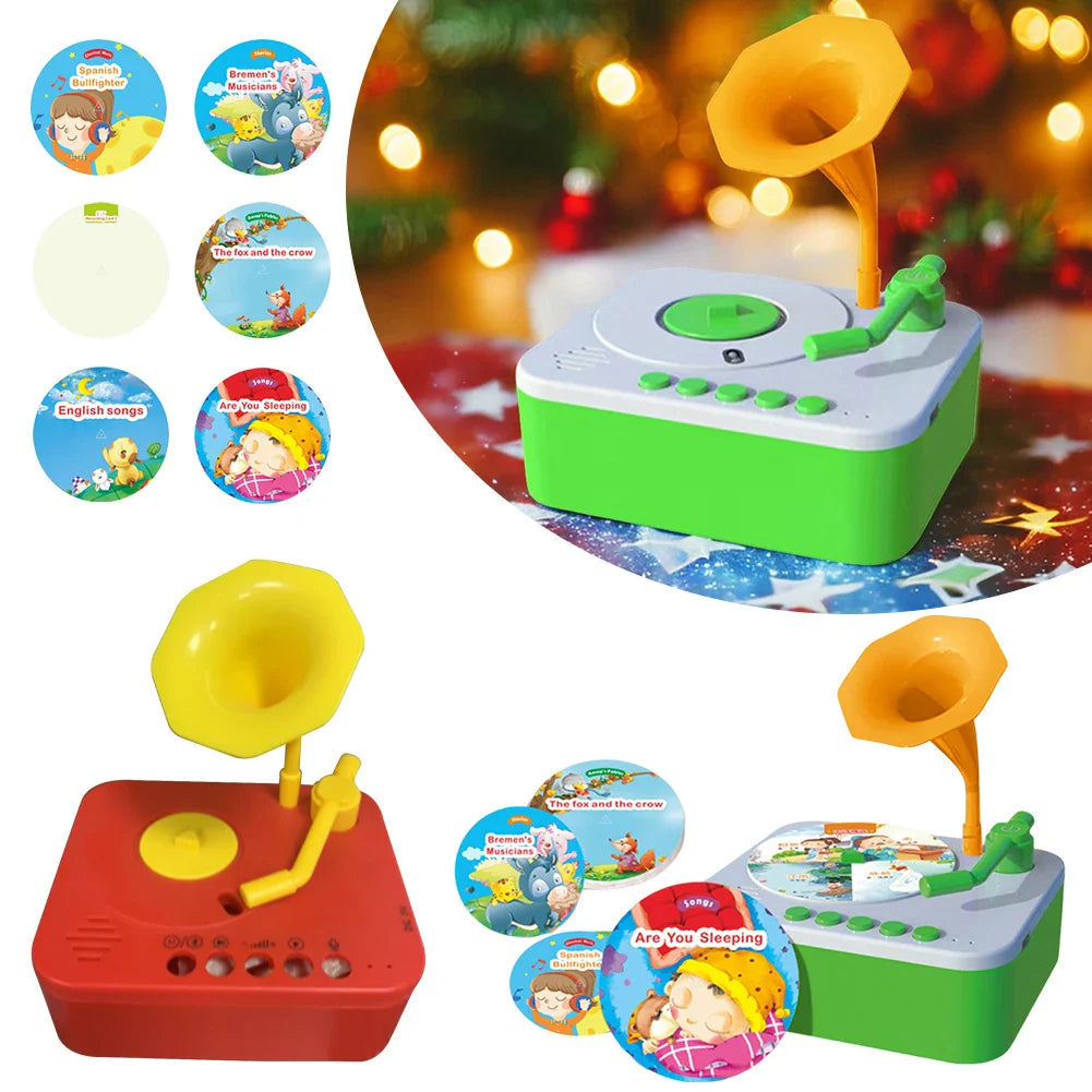 Red and green toy gramophones with horn-shaped tops and illustrated round cards