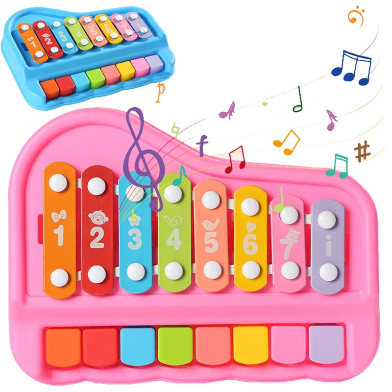 Pink xylophone and piano toy with eight numbered bars and a blue version shown above