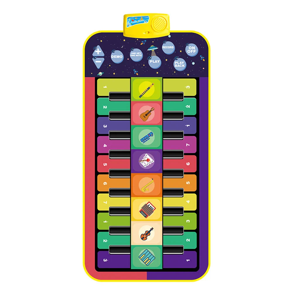 Colorful piano play mat with instrument illustrations and a yellow control unit