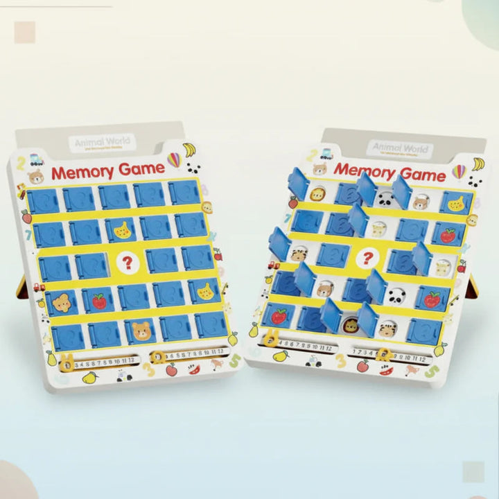 Two views of the memory matching board with blue flip doors closed and open
