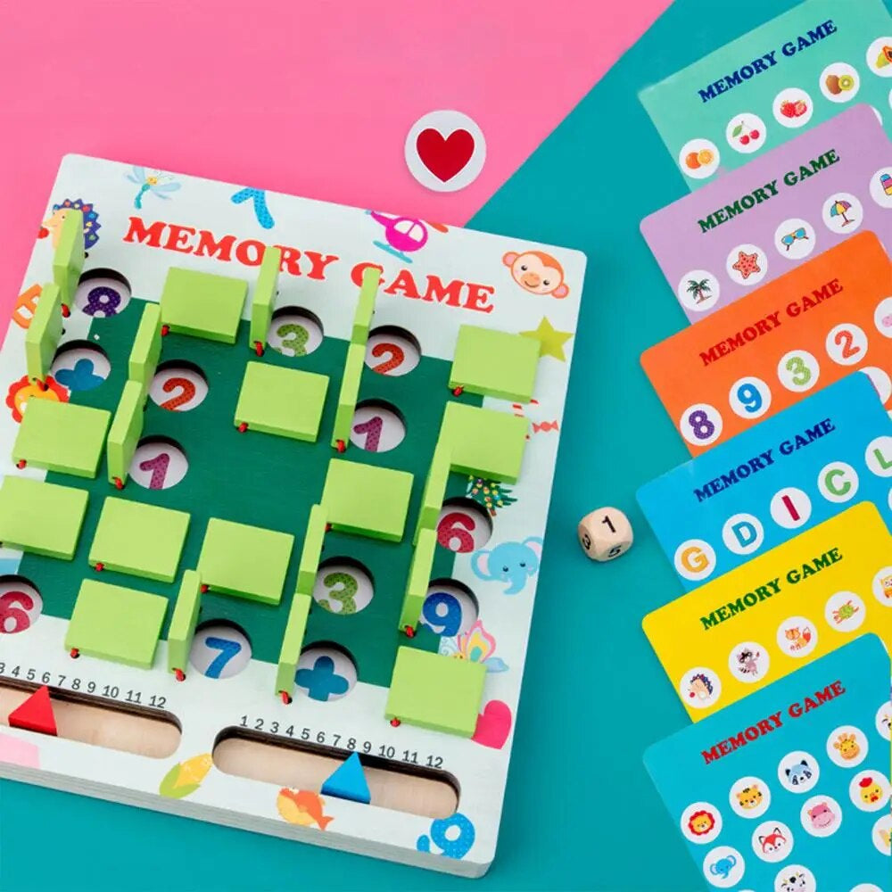 Wooden memory game with green covers and six colorful cards featuring pictures, shapes, letters, and numbers.