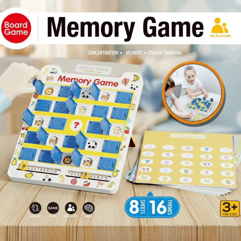Memory game board beside a picture card, with labels showing 8 cards, 16 themes and ages 3+