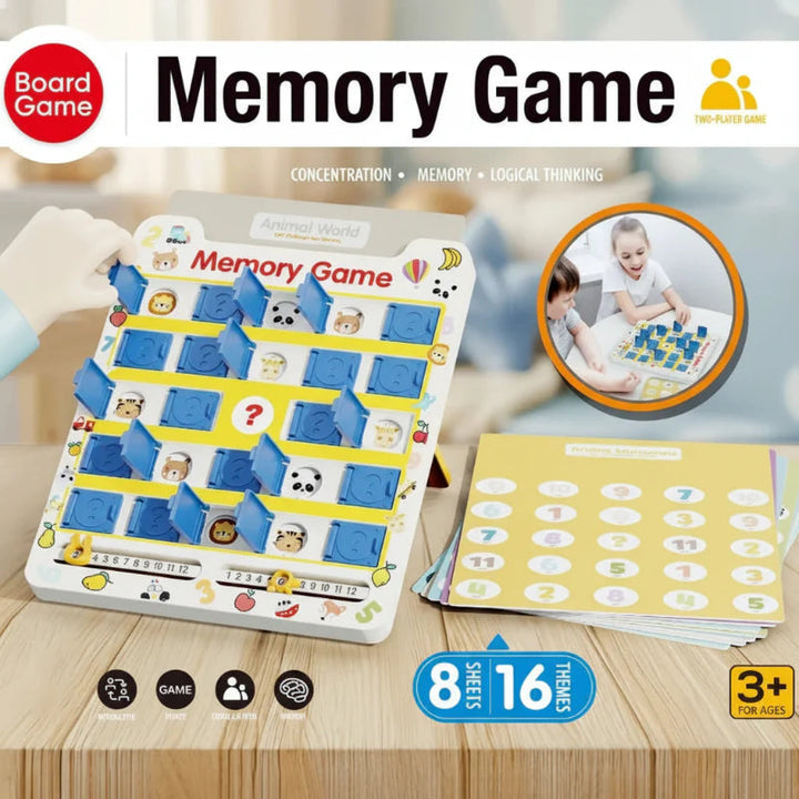Memory game board beside a picture card, with labels showing 8 cards, 16 themes and ages 3+