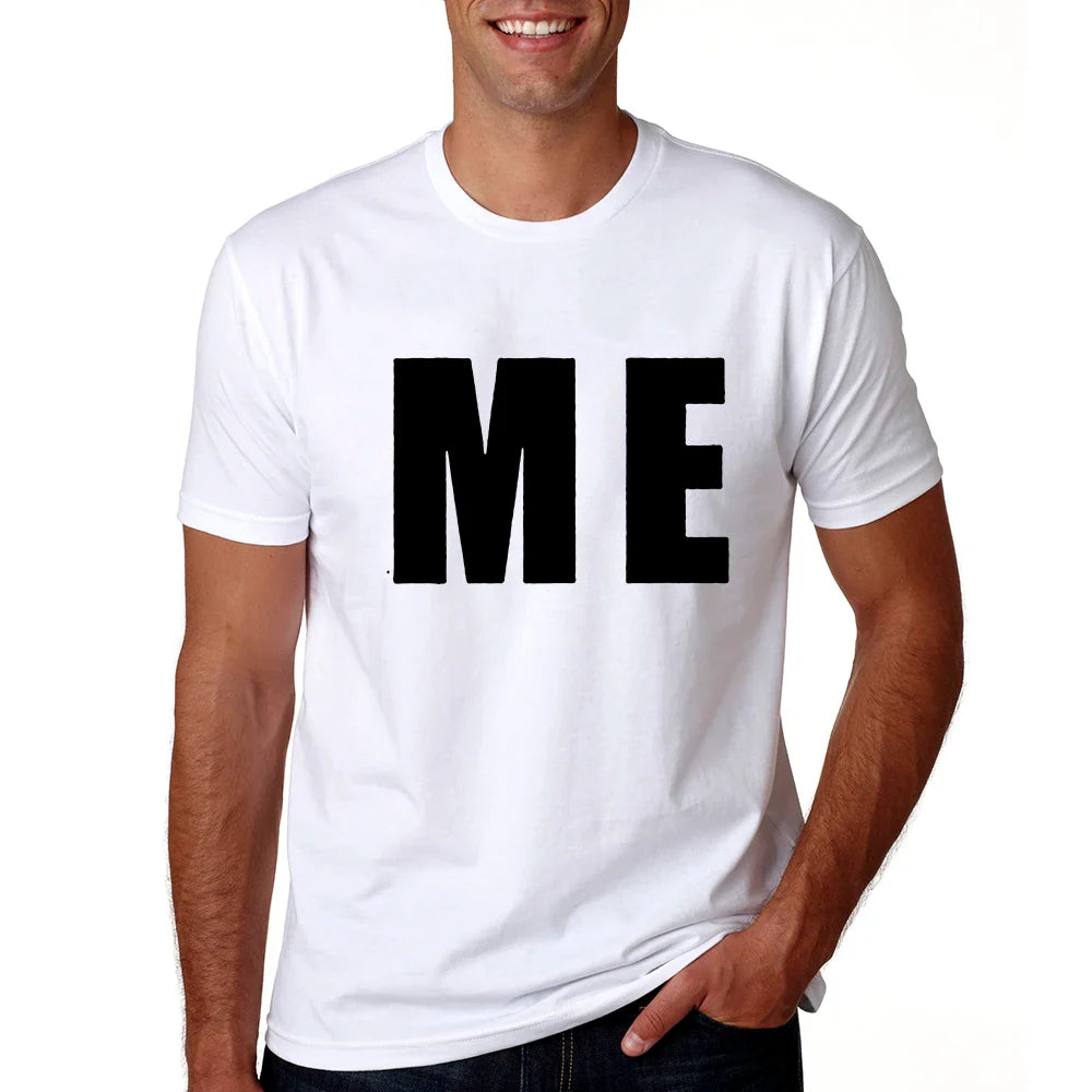 White short-sleeve dad T-shirt with large black Me lettering