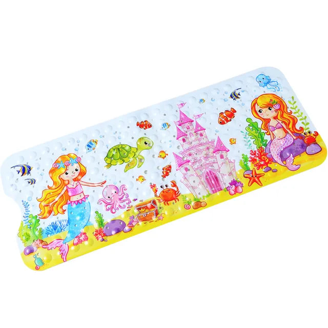 Angled view of a mermaid bath mat with a pink castle and colorful sea life