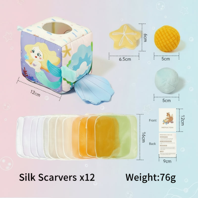 Mermaid sensory cube with 12 fabric scarves, textured shapes, and measurement guides