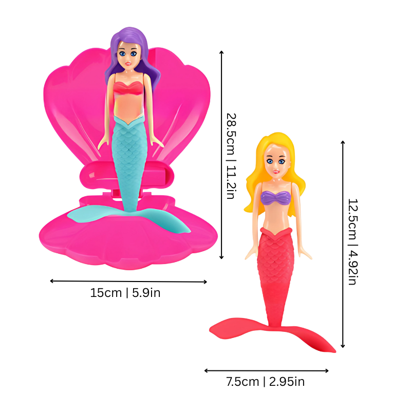 Size chart showing an open shell at 28.5 by 15 cm and a mermaid figure at 12.5 by 7.5 cm