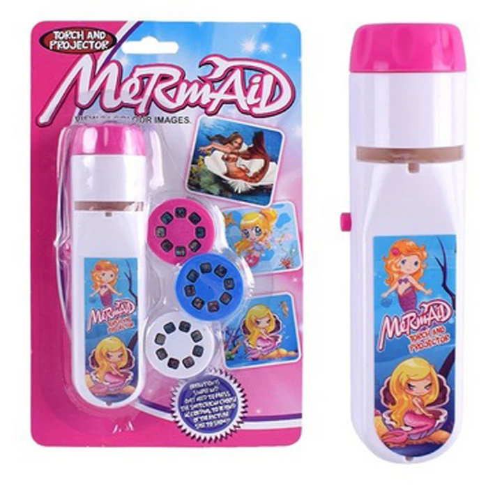 Pink-and-white mermaid projection flashlight beside its package and three slide discs