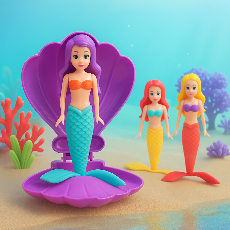 Purple shell holding a turquoise-tailed mermaid, displayed beside two colorful mermaid figures