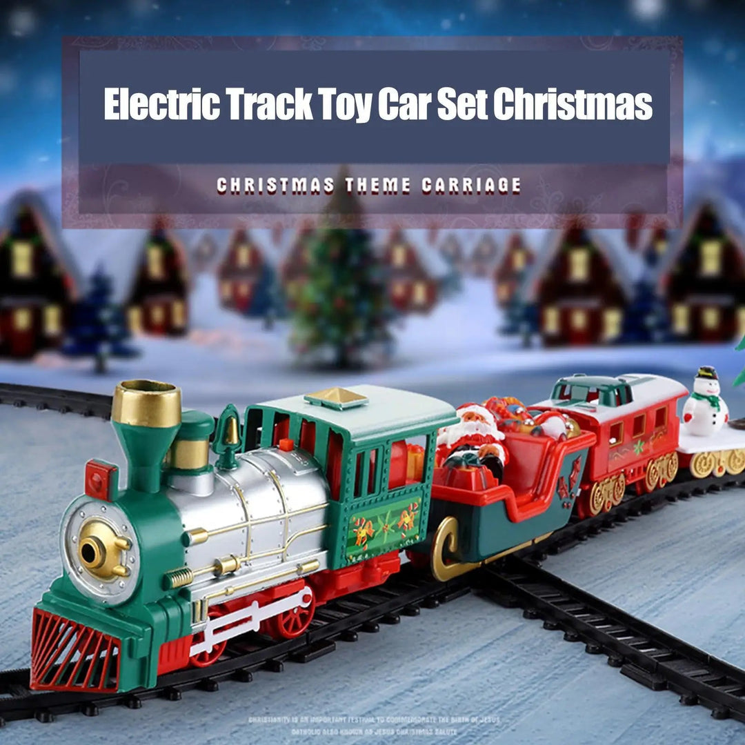 Green and silver toy locomotive pulling Christmas-themed carriages on black track