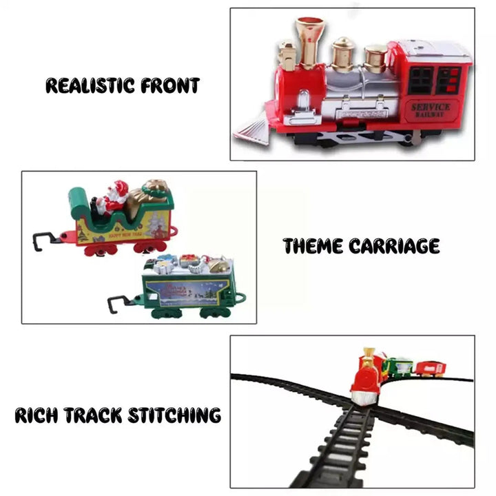 Detail panels showing the toy locomotive, Christmas-themed carriages and connected track