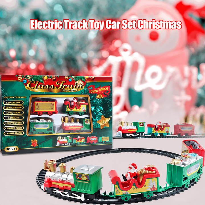 Christmas-themed toy train on an oval track beside its retail box