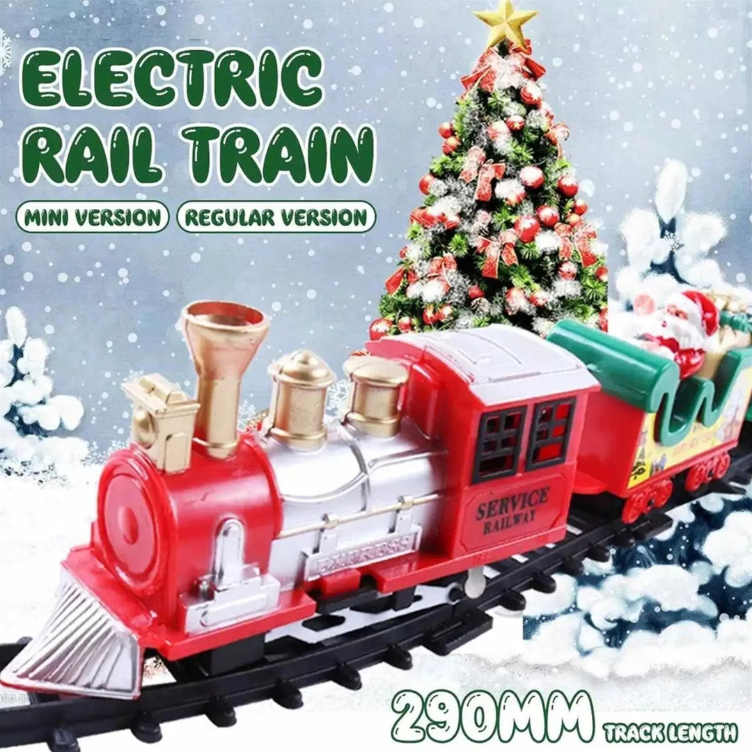 Red and silver toy locomotive with holiday carriages beside a decorated Christmas tree