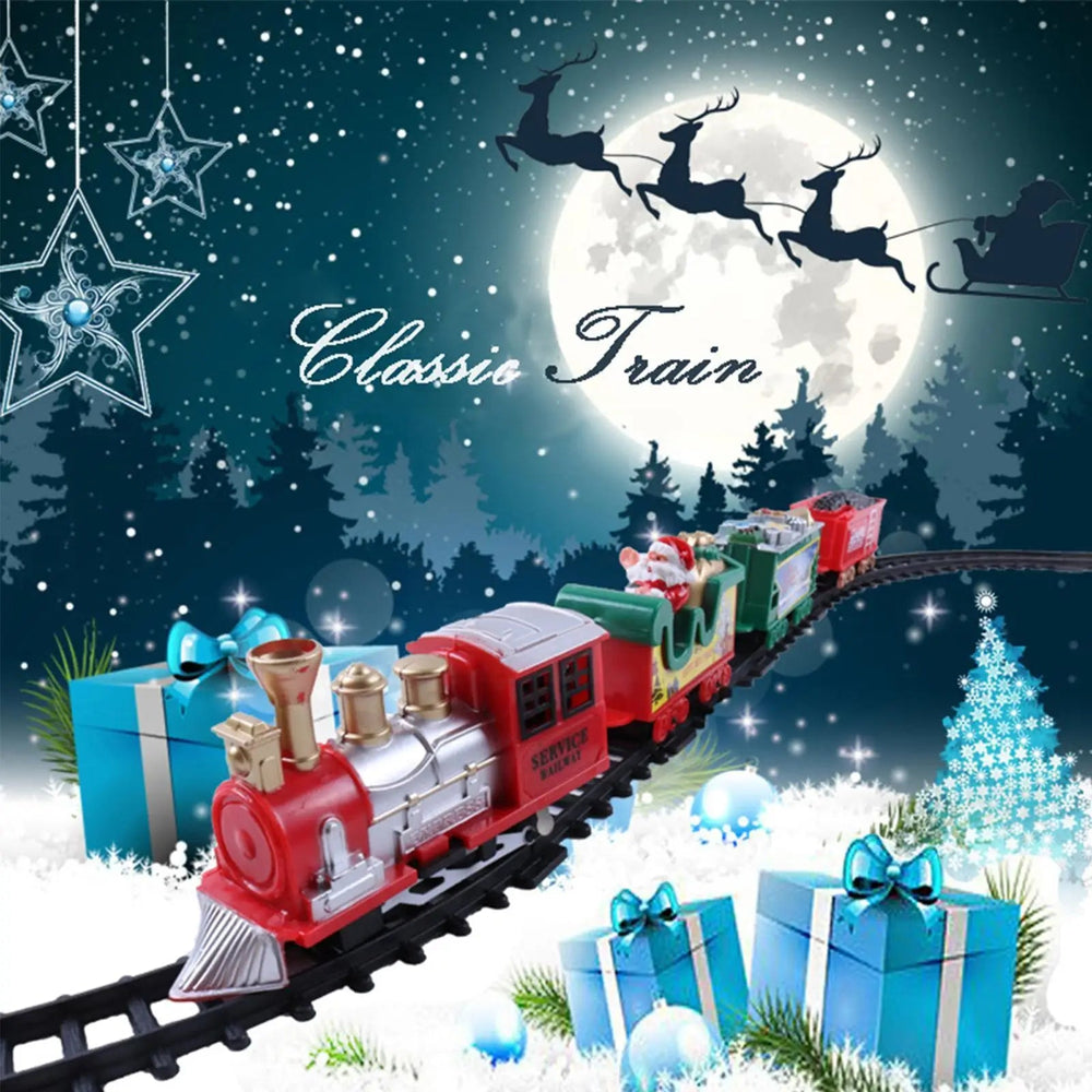 Red and silver toy train with festive carriages against a snowy backdrop with wrapped gifts