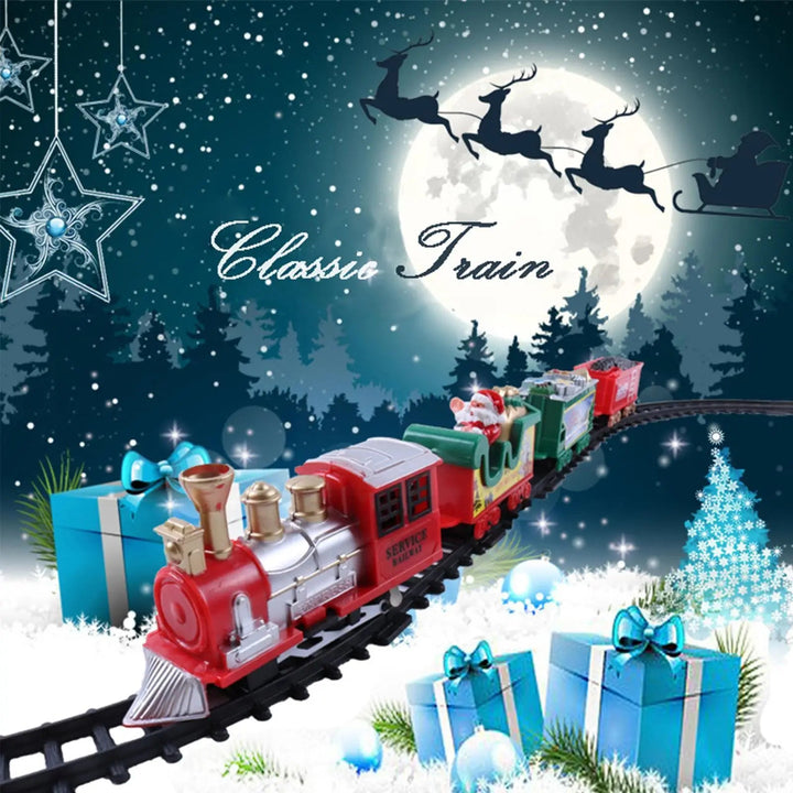 Red and silver toy train with festive carriages against a snowy backdrop with wrapped gifts