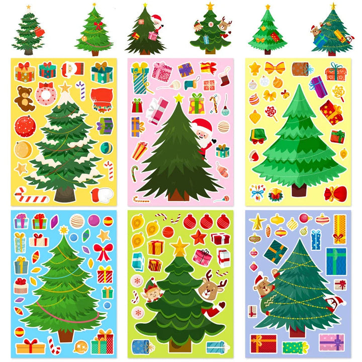 Six Christmas tree sticker sheets with colorful decorations and decorated tree examples