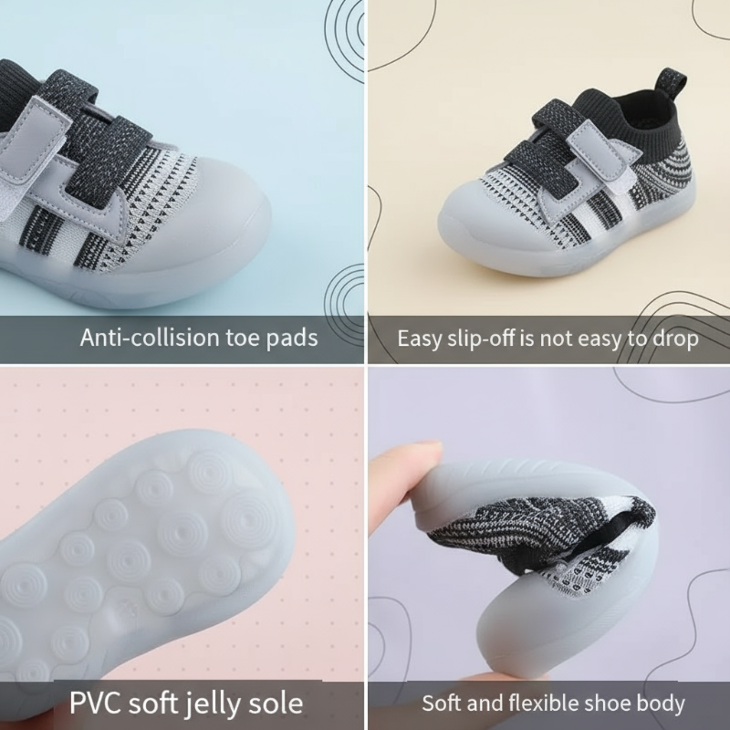 Four views of mesh baby shoes showing toe shape, strap closure, textured sole, and flexibility