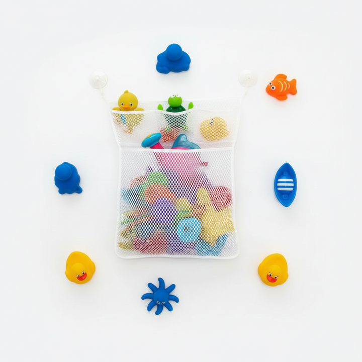 White mesh storage net with bath toys in its upper pockets and larger lower compartment