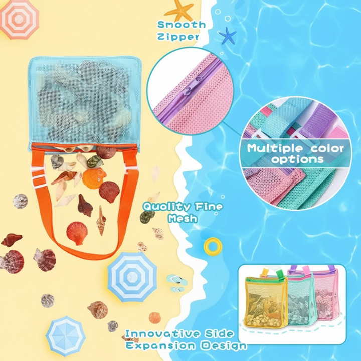 Beach bag feature graphic showing the zipper, fine mesh, and color options