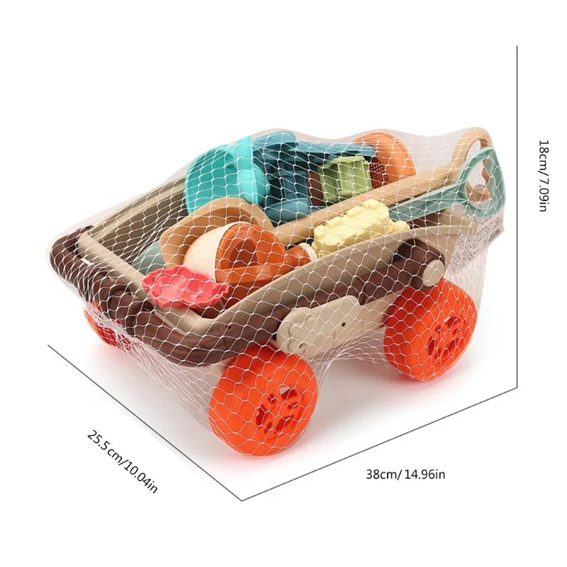 Beach wagon packed with sand toys in mesh wrapping, with dimensions shown