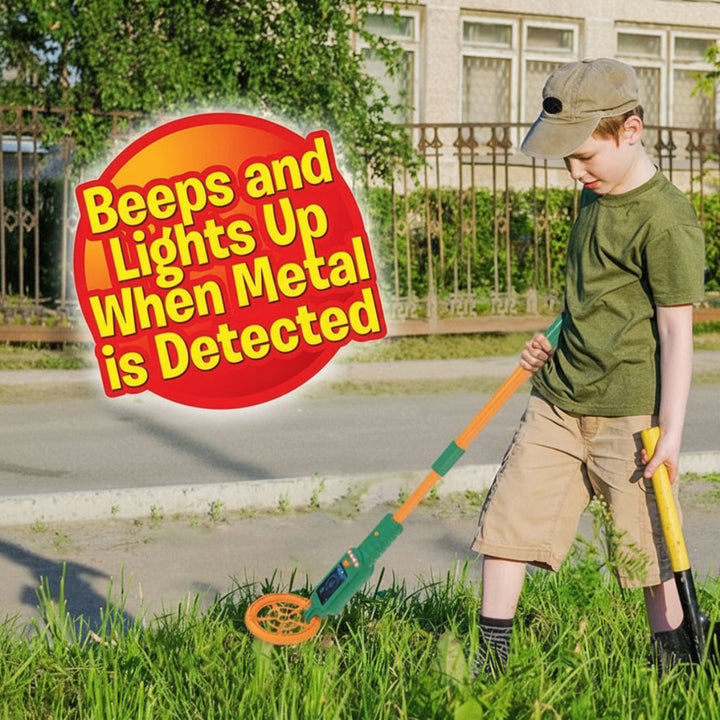 Child using a metal detector beside a callout about its beep and light detection signals