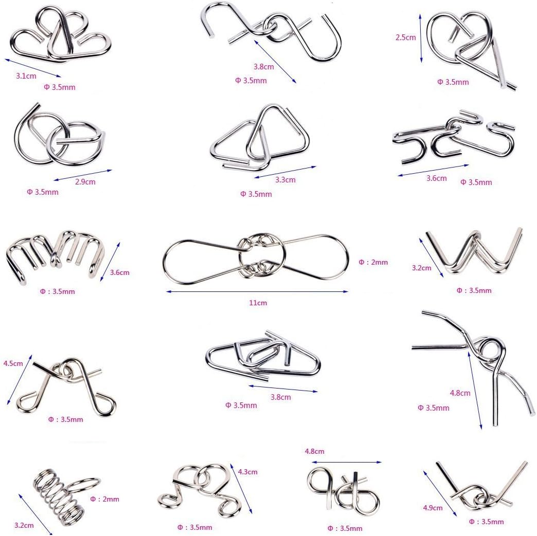Measurement chart showing assorted metal puzzle shapes and their dimensions.