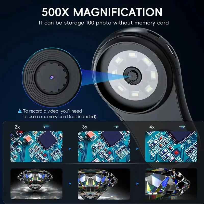 Microscope lens close-up with enlarged circuit-board and gemstone examples.