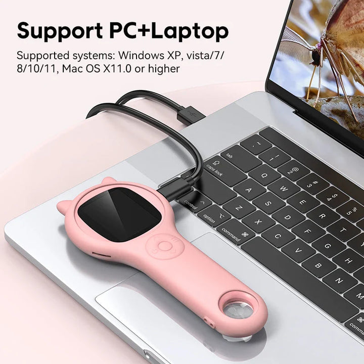 Pink handheld microscope connected to a laptop with a USB cable