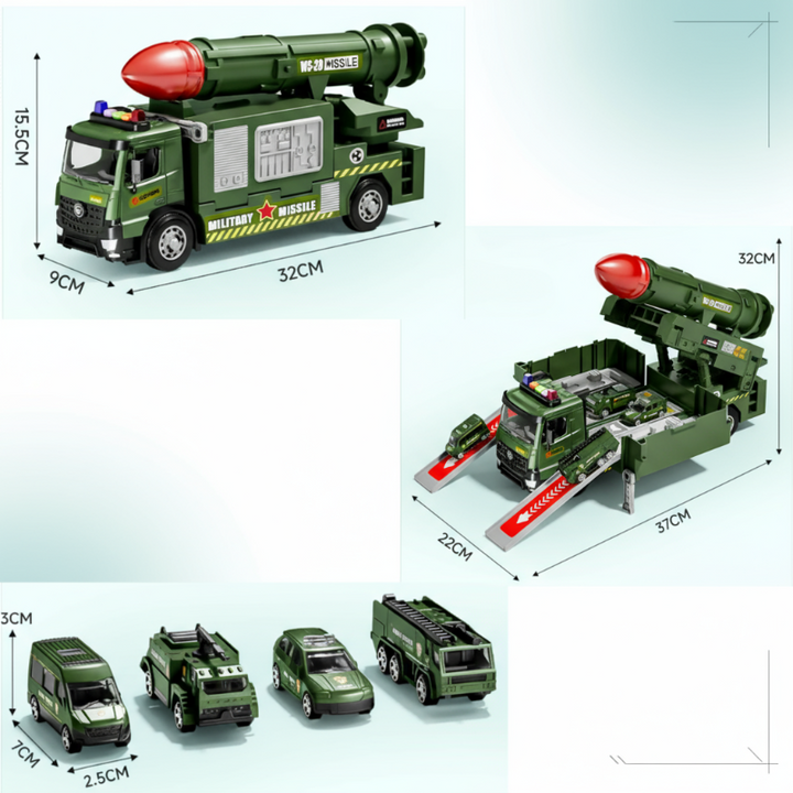 Dimensions of the military toy truck in closed and expanded modes, with miniature vehicle measurements