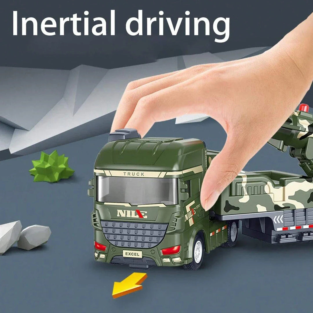 A hand on a green military toy truck, with an arrow indicating forward rolling motion.