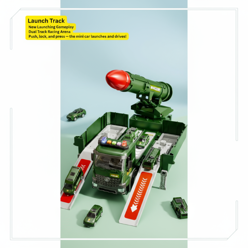 Green military toy truck with a raised rocket launcher, launch tracks, and small vehicles