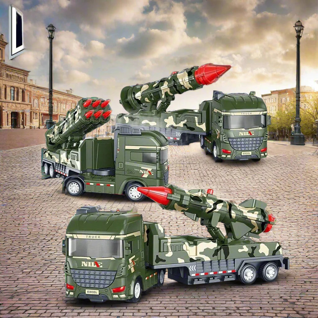 Three green military toy trucks with camouflage missile and rocket launchers in a street scene.