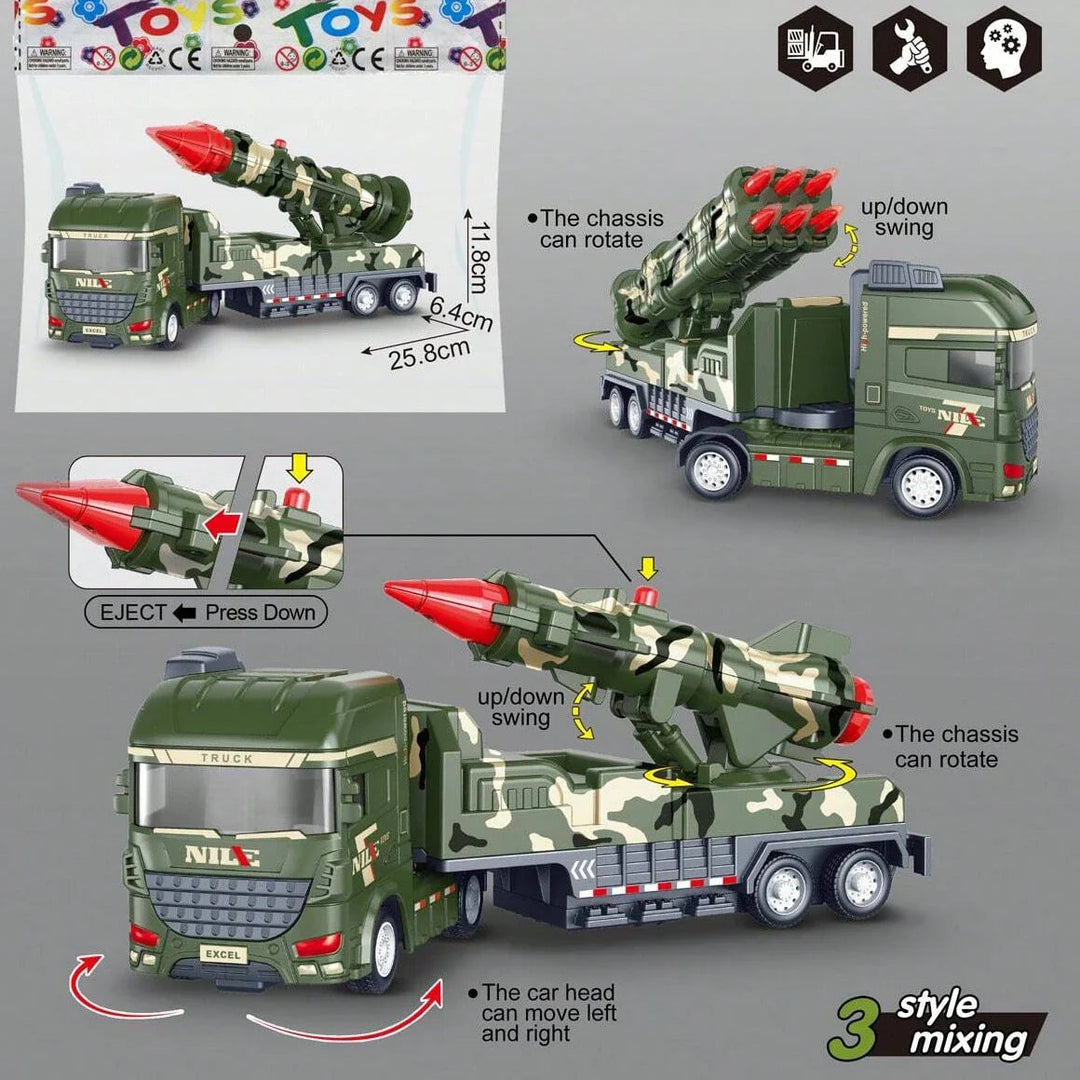 Military toy truck styles with launcher movement diagrams and an inset showing dimensions.