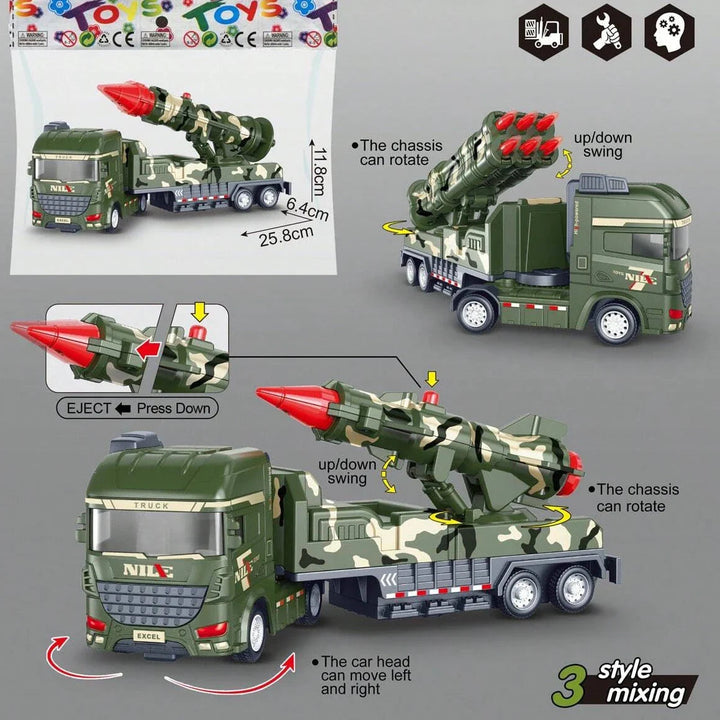 Military toy truck styles with launcher movement diagrams and an inset showing dimensions.