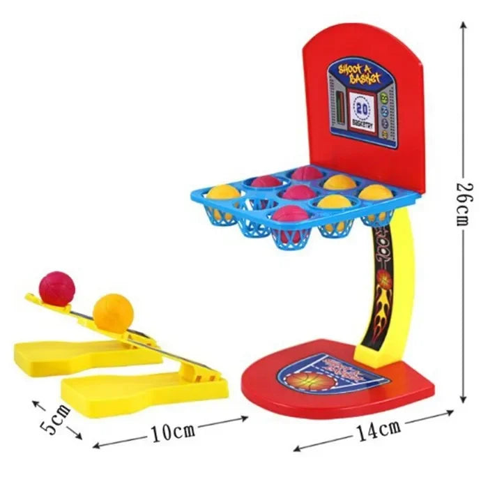 Mini basketball game diagram showing the stand, base, and launcher measurements