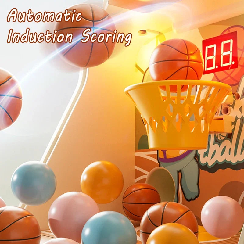 Close-up of a mini basketball hoop and digital score display