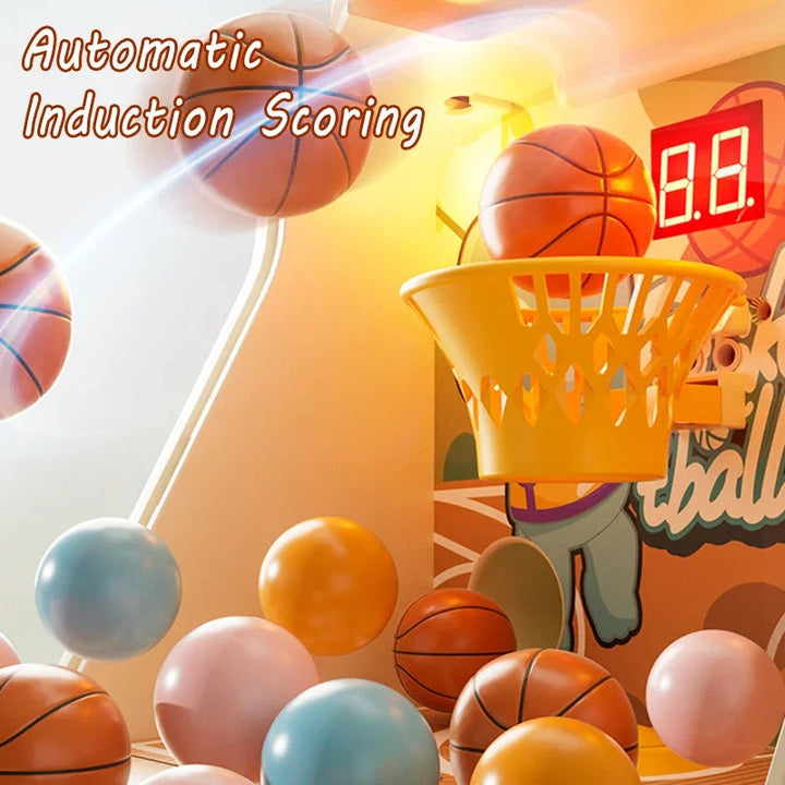 Close-up of a mini basketball hoop and digital score display