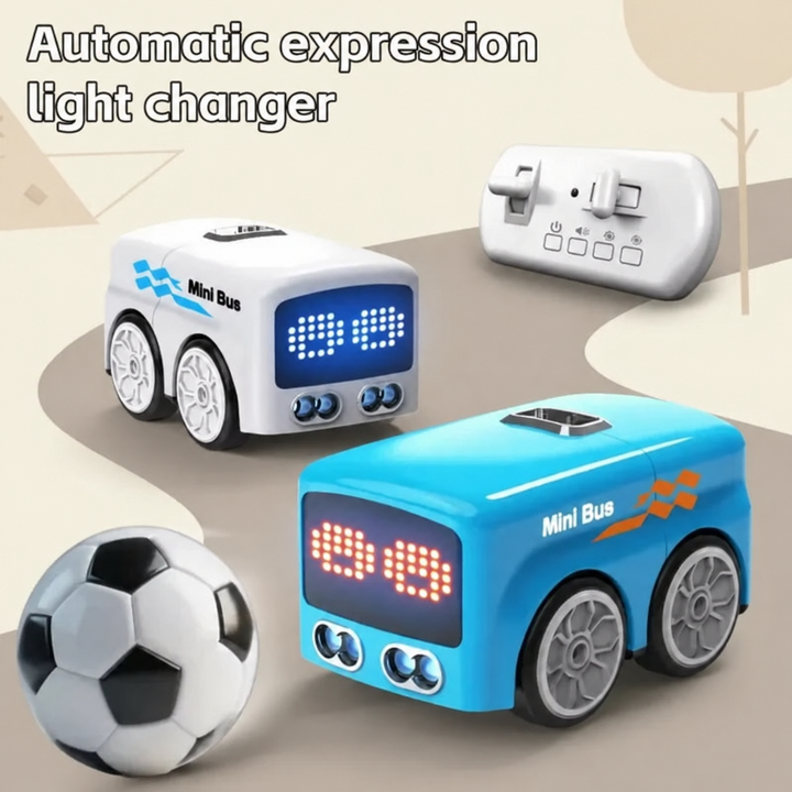 Blue and white remote control buses with changing light-up faces and a handheld controller