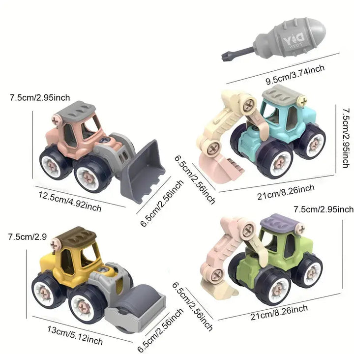 Mini construction vehicle measurements showing 12.5 cm, 13 cm, and 21 cm lengths.