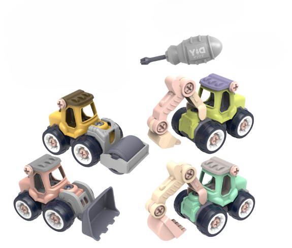 Four colorful mini construction vehicles with a screwdriver and screw-fastened wheels.