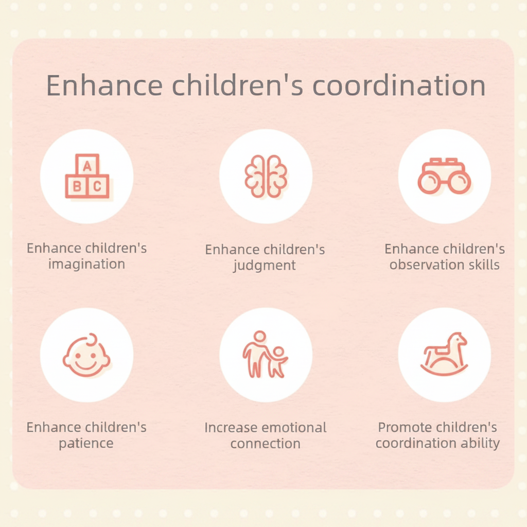 Play benefits graphic with icons for coordination, observation, patience, imagination, and connection