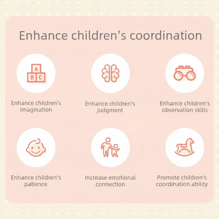 Play benefits graphic with icons for coordination, observation, patience, imagination, and connection