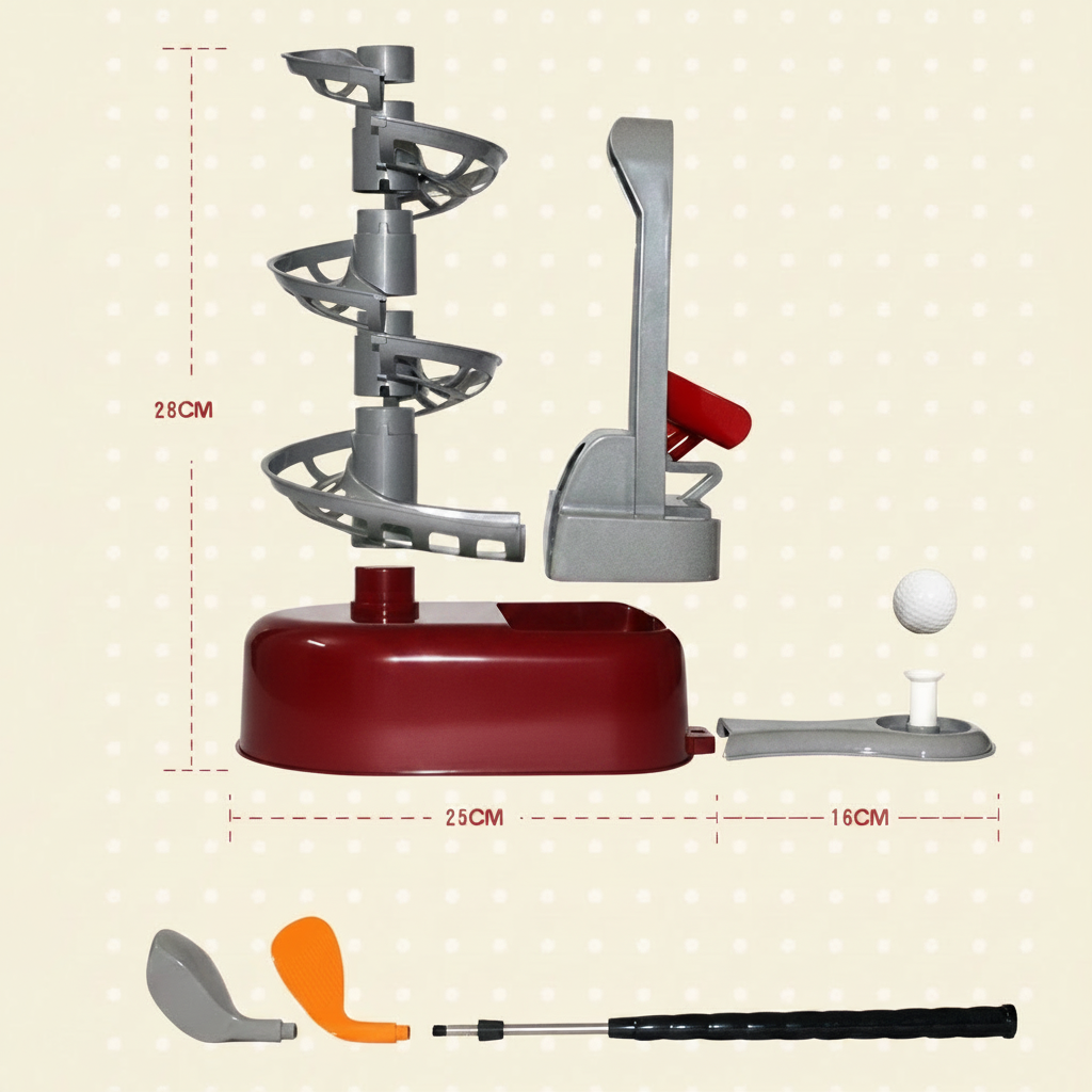 Mini golf assembly diagram showing 28 cm height, 25 cm base, 16 cm tee arm, and club parts