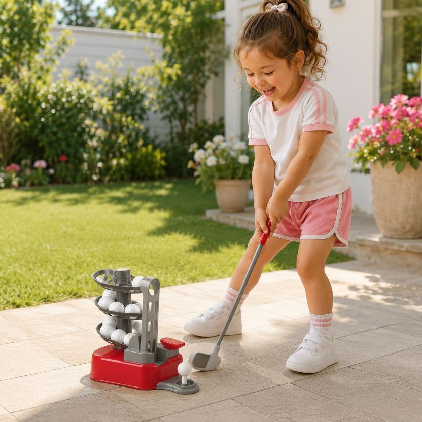 Child taking a shot with a red mini golf game on a backyard patio