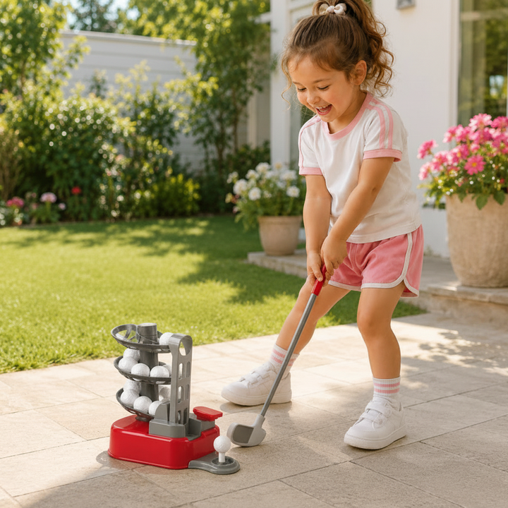Child taking a shot with a red mini golf game on a backyard patio