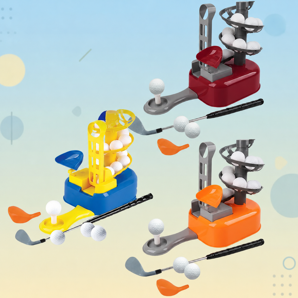 Red, blue, and orange mini golf sets with spiral ball holders, club parts, and white balls
